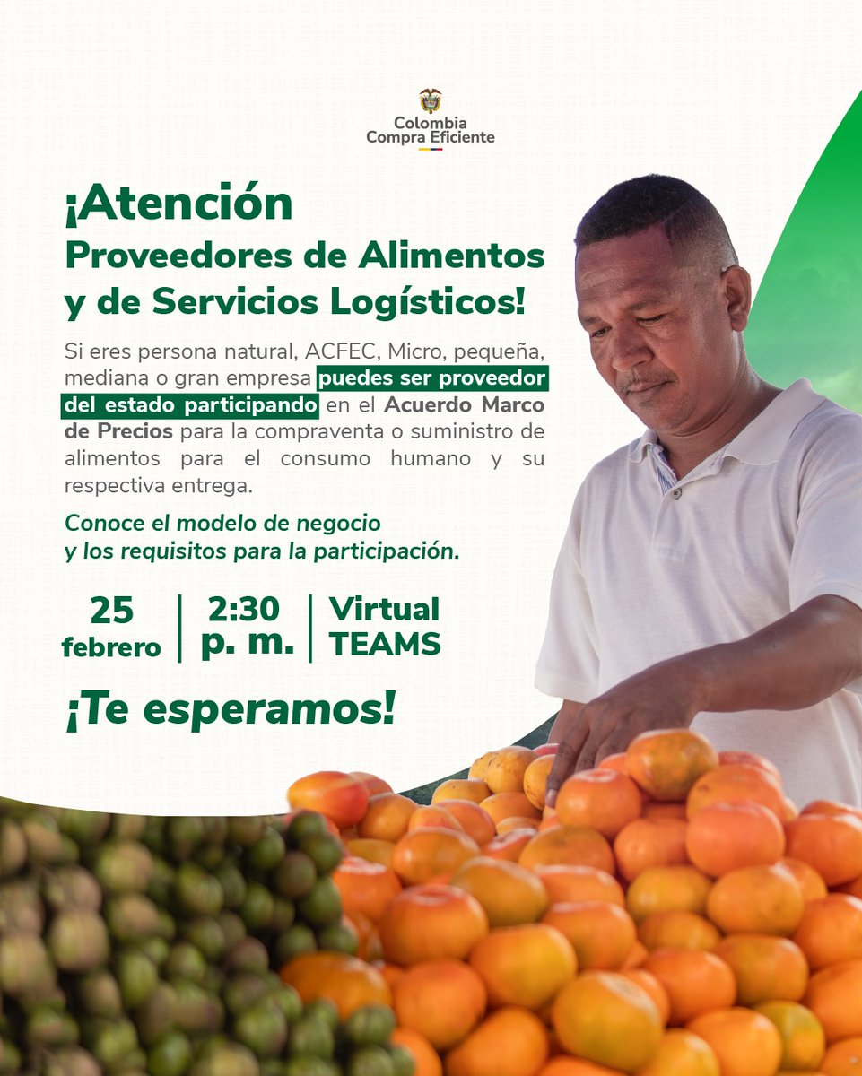 🍎🥬Si tu empresa ofrece alimentos o servicios logísticos para su distribución, esta es la oportunidad de hacer parte de un mecanismo que conecta a proveedores con entidades públicas en todo el país. Ingresa aquí: bit.ly/46nmZ01 ¡Te esperamos!