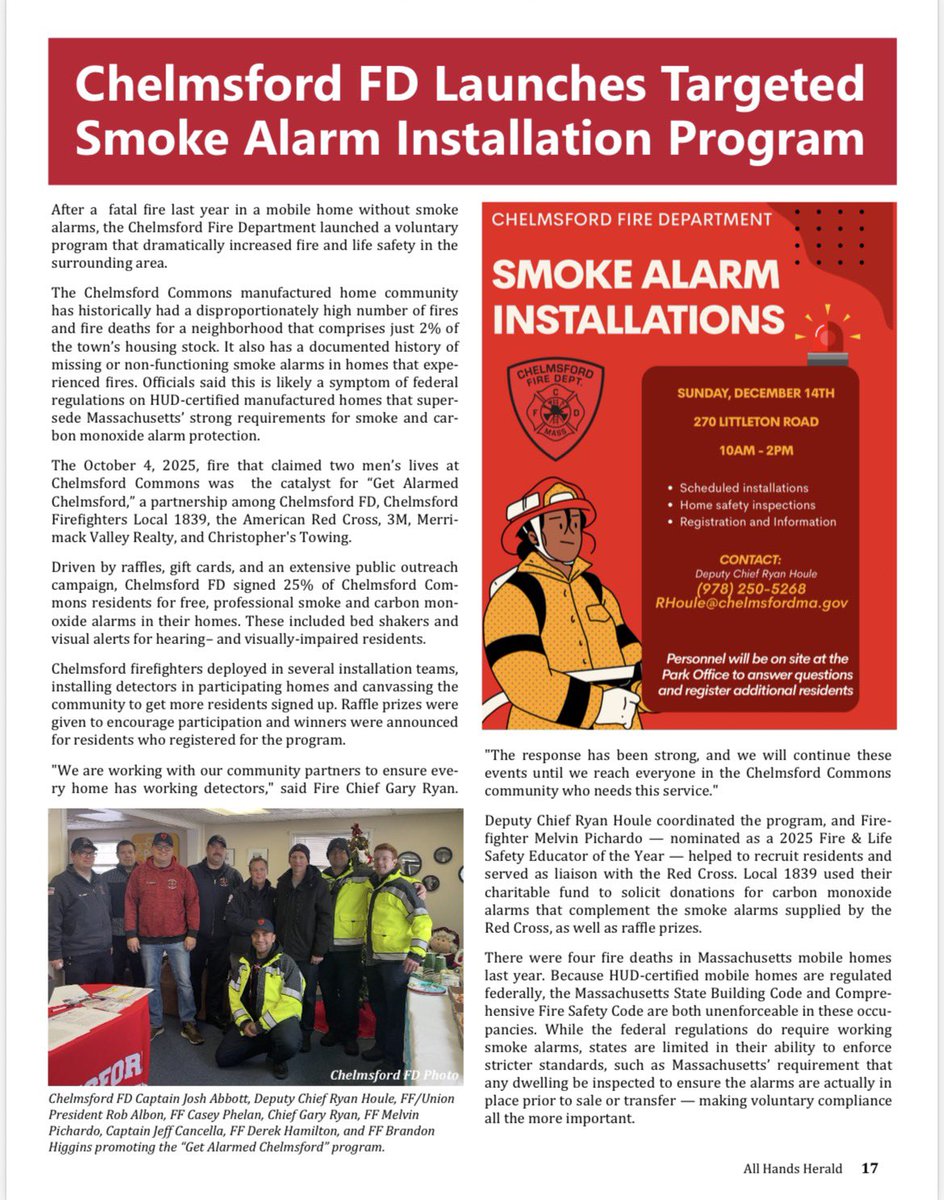 ChelmsfordFD's tweet photo. Proud to see our smoke alarm installation pilot program recognized in the Massachusetts Department of Fire Services All Hands Herald.

A special thank you to the firefighters who spent time knocking on doors, attending informational sessions, and installing alarms in the homes of our neighbors. Your commitment to this community made this program possible.

Thank you as well to our community media partners, such as the The Sun News, and the Massachusetts Department of Fire Services for helping spread the word.

If you are a resident of Chelmsford Commons, please contact us to sign up for this service.

Read the full article:  https://t.co/vvj7IBZz54