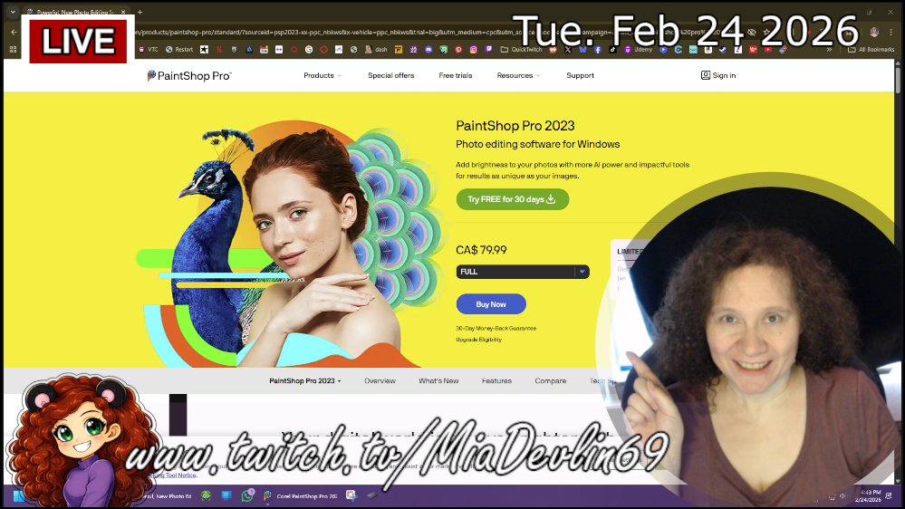 MiaDevlin69 is now Live playing with #PaintShopPro2023
Just want to make a simple overlay.  Help us all [CC]

twitch.tv/MiaDevlin69

#twitch #twitchstreamer #streamer #twitchaffiliate 
#canadianStreamer #twitchgirl #live #torontoStreamer
#Art