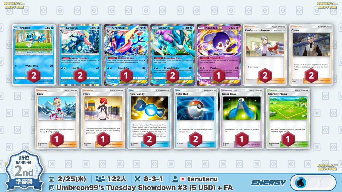 🌏 ポケポケ 大会結果｜2/25(水) 🌏 122人参加大会で『スイクンex』が