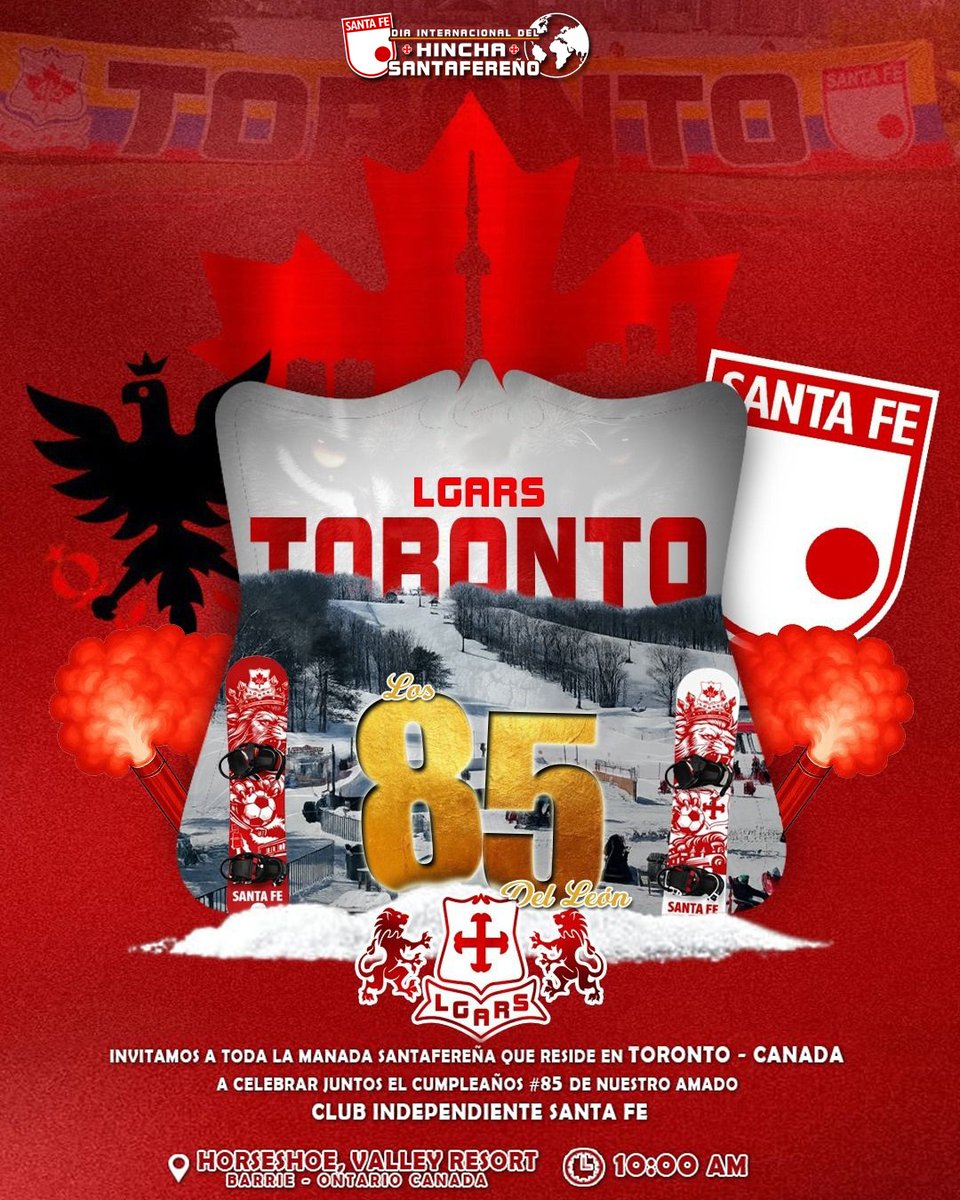 Se vienen #Los85DelLeón y nuestra gente se prepara para un festejo a nivel Mundial 🌎 #DíaInternacionalDelHinchaSantafereño

¿Santafereños en Canadá 🇨🇦 preparados?

🇮🇩 Gran actividad familiar 🎿
🗓️ Sab 28/02
📍 Horseshoe, Valley Resort. Barrie, Ontario - Canadá
⌚ 10:00 hrs
📱