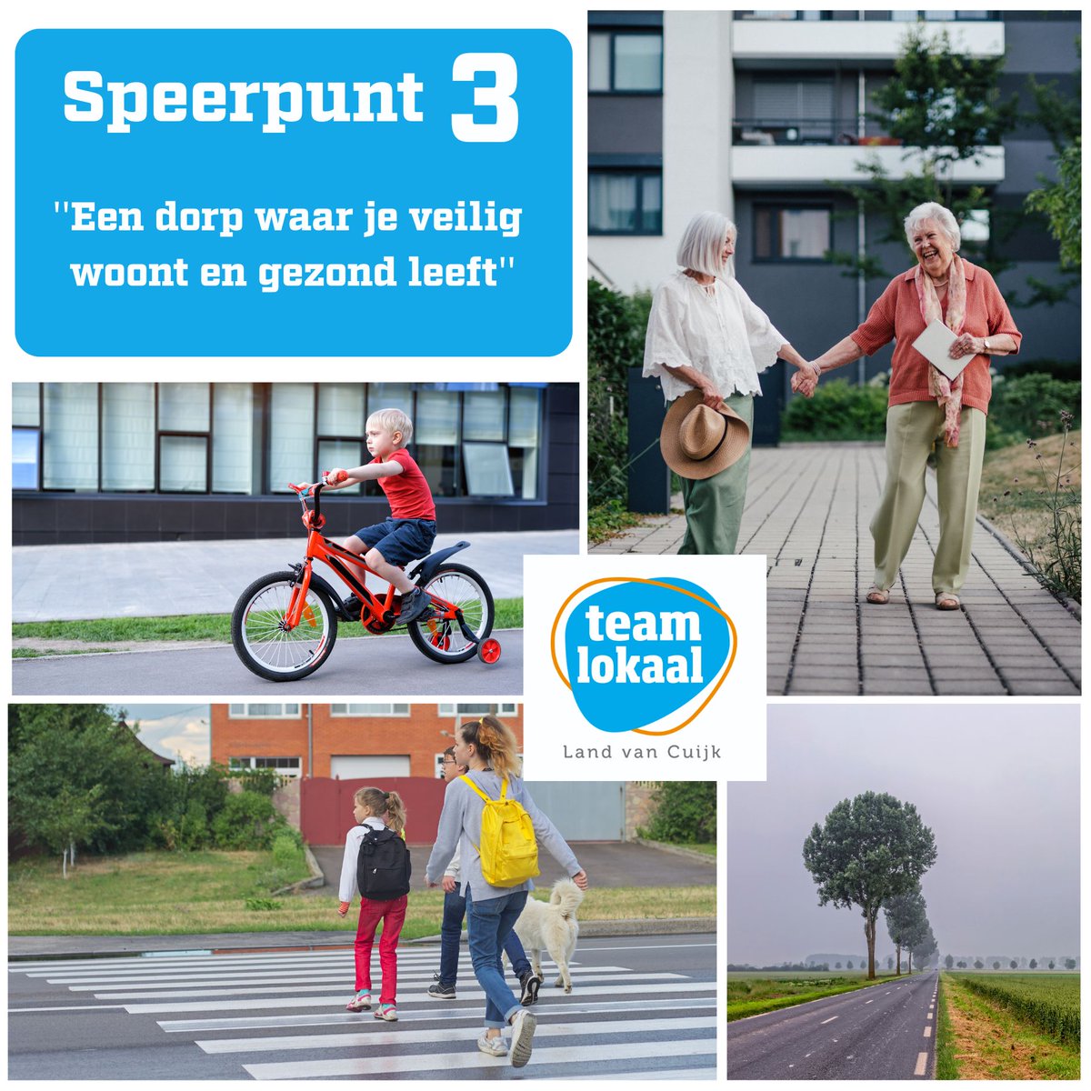 🟠 🔵 Een dorp waar je veilig woont en gezond leeft? Gewoon doen. 🌿

Kinderen die veilig naar school fietsen.
Ouderen die met vertrouwen de straat op gaan.
Buurten waar je elkaar ontmoet en samen beweegt.

Meer over onze speerpunten 👉 teamlokaal.nl/speerpunten/