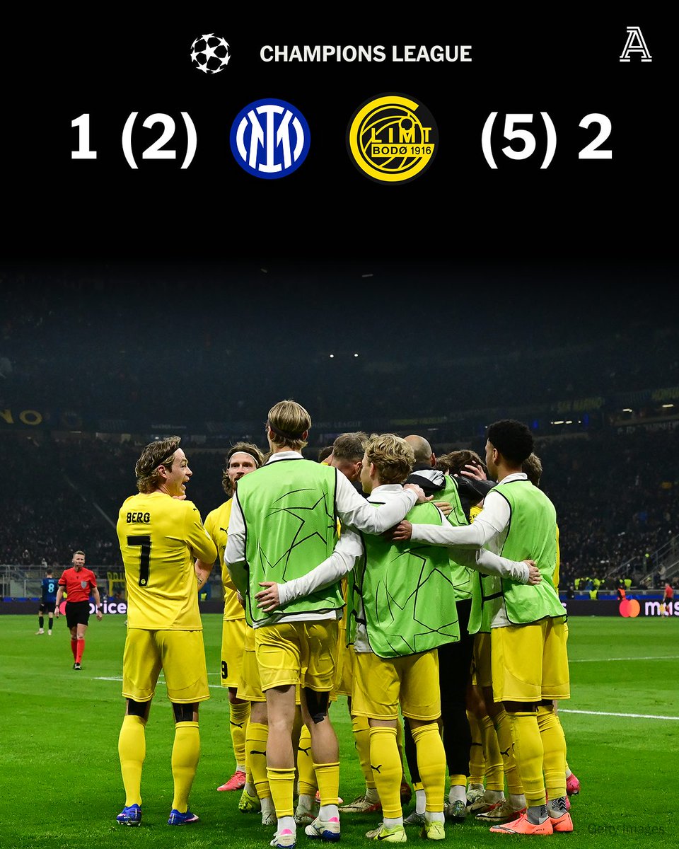 TheAthleticFC's tweet photo. Bodo/Glimt record another famous night in their history.

They have beaten Inter, last year's Champions League finalists, 2-1 in the San Siro, and 5-2 on aggregate.

Up next for the Norwegians: Sporting or Manchester City. https://t.co/ogfjt5TBKw