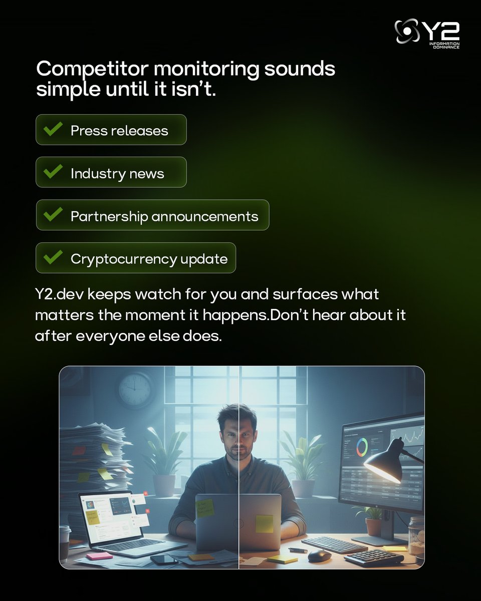 y2_intel's tweet image. Competitor monitoring is cute… until it’s chaos.

While they’re drowning in alerts and tabs, you’re getting signal, not noise.

Real-time moves. Total edge.

Stay informed before it trends.

#Y2 #CompetitiveIntelligence #MarketMoves #RealTimeInsights #InformationAdvantage