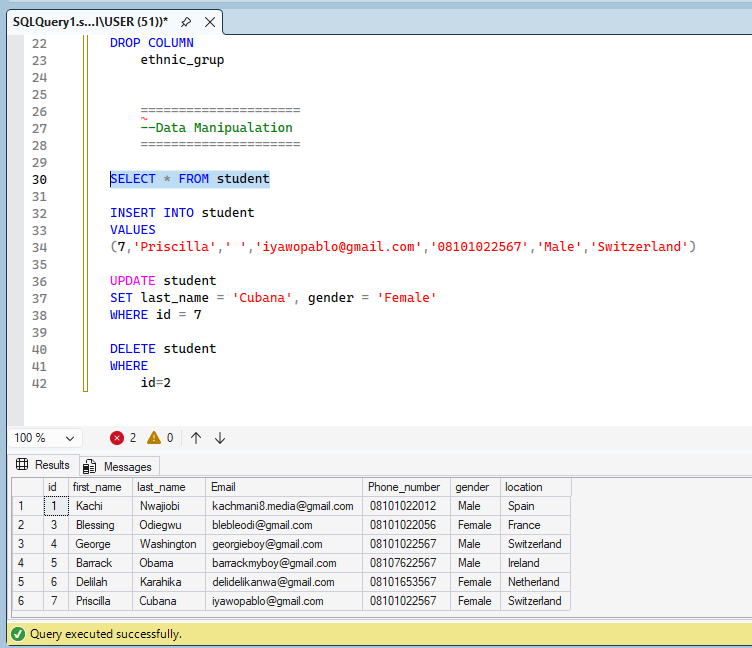 Kach_Mani_'s tweet photo. SQL is not for the weak… I swear

Yesterday again I walked through the foundation:
Created a database (CREATE DATABASE lenicle;)
Created a table (student)
Defined its columns (with data types, of course)

“SQL is commonly grouped into: 
Data Definition Language, 
Data Manipulation Language, and 
Data Querying Language

Yesterday was DDL day → Built the house (database + table structure)

Today, DML day, moved the furniture inside 😆.

Filled the defined columns using:
INSERT      INTO → adding new records/rows
UPDATE      → changing existing values
DELETE      → removing rows we no longer want

True, SQL rewards attentive carefulness and punishes carelessness—but that’s exactly why it’s powerful.

Building real structure, one command at a time.

Who else is grinding SQL right now?

Drop your current level or what you’re working on

💪🥂

#SQL #DataAnalytics #LearningInPublic #DataCareer #TechJourney