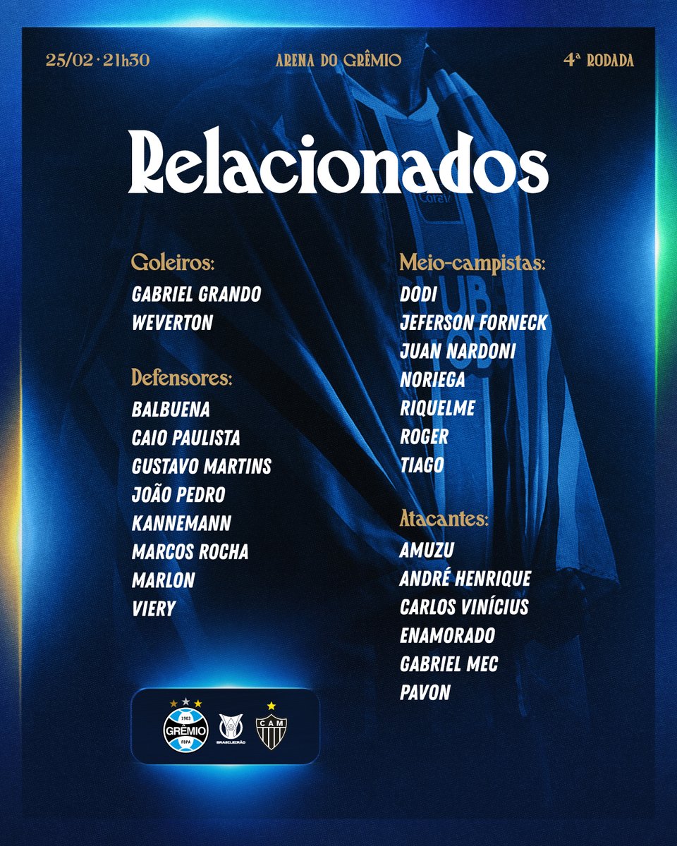 RELACIONADOS 🇪🇪📋 Amanhã tem batalha pelo #Brasileirão2026 e estes são os atletas disponíveis para o duelo. VAMOS COM TUDO!

#GRExCAM