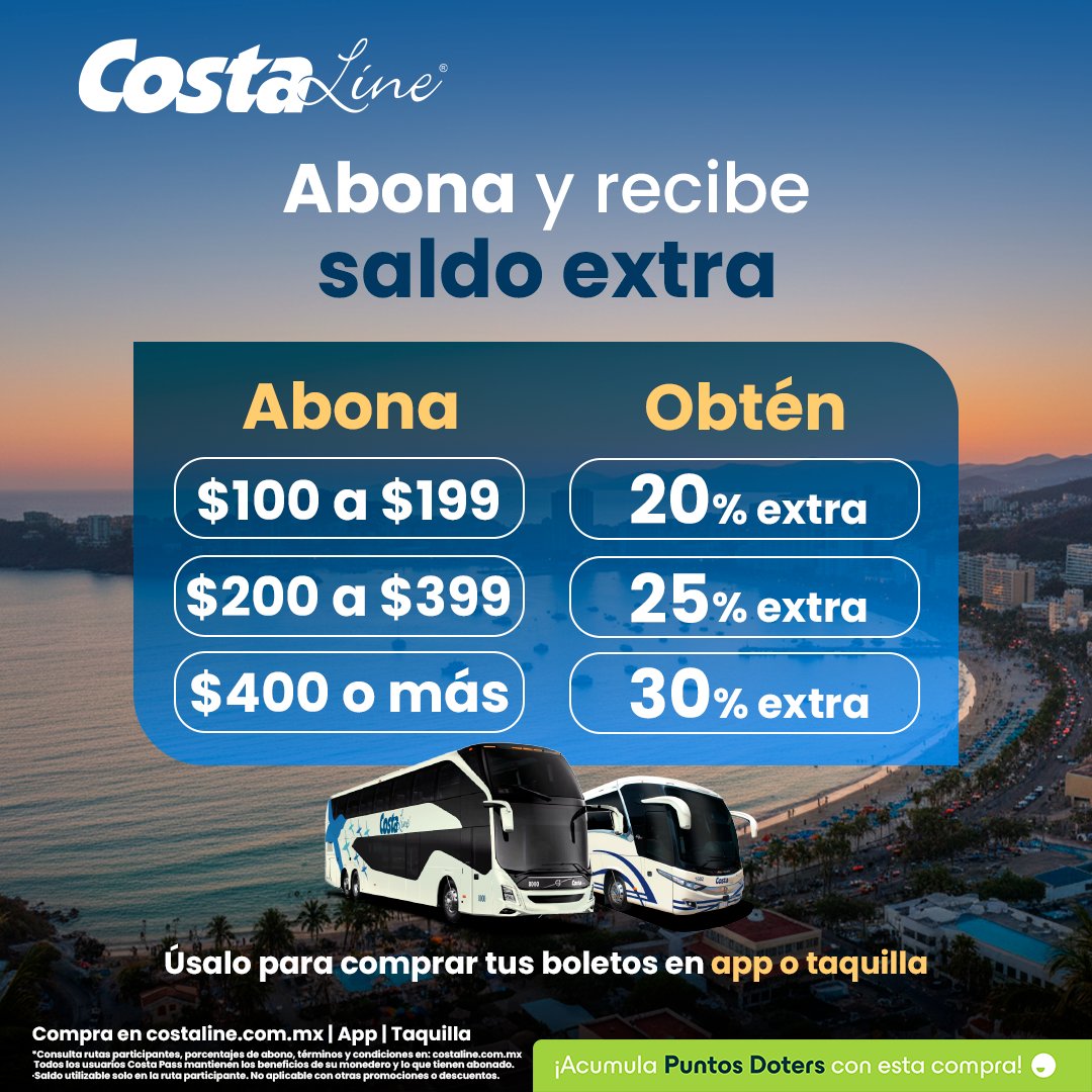 💙🚍 De Acapulco a Chilpancingo, rinde más tu dinero
Recarga tu Monedero Electrónico desde $100 y recibe saldo extra para tu próximo viaje.
Recargas una vez y sigues moviéndote más ✨

👉 Más info aquí: costaline.com.mx/monedero-elect… 

#AhorraViajando #MonederoElectronico