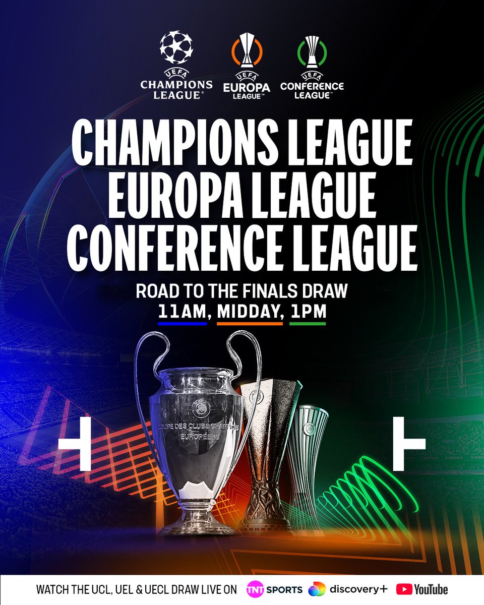 Tune in to the UCL, UEL and UECL road to the finals draw from 11am on TNT Sports, discovery+ and YouTube 📺🤩