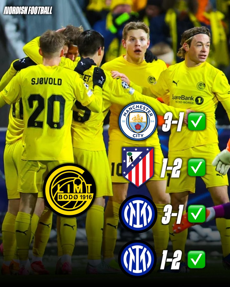 LES QUATRE DERNIERS MATCHS DE LDC DE BODØ/GLIMT SONT TOTALEMENT DINGUES !🤩🇳🇴

VICTOIRE 3-1 contre Manchester City ✅
VICTOIRE 1-2 à l'Atlético Madrid✅
VICTOIRE 3-1 contre l'Inter Milan✅
VICTOIRE 1-2 à l'Inter Milan✅

Que dire de plus ? Le meilleur de tous les petits poucets