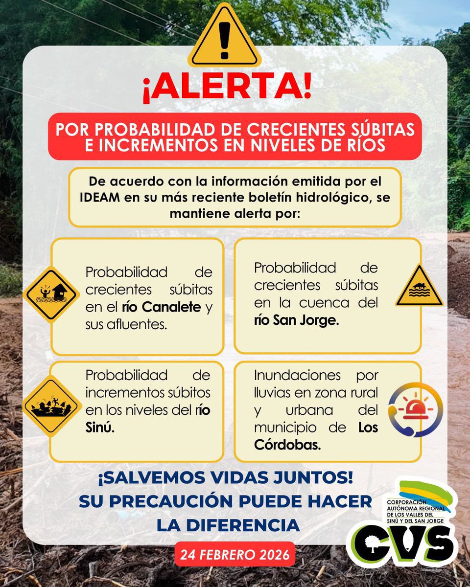 #CVSInforma 🚨 Alerta por probabilidad de crecientes súbitas e incremento en los niveles de los ríos.  

‼️Sigue las recomendaciones de las autoridades y mantente alerta ante cualquier eventualidad.

👇🏻