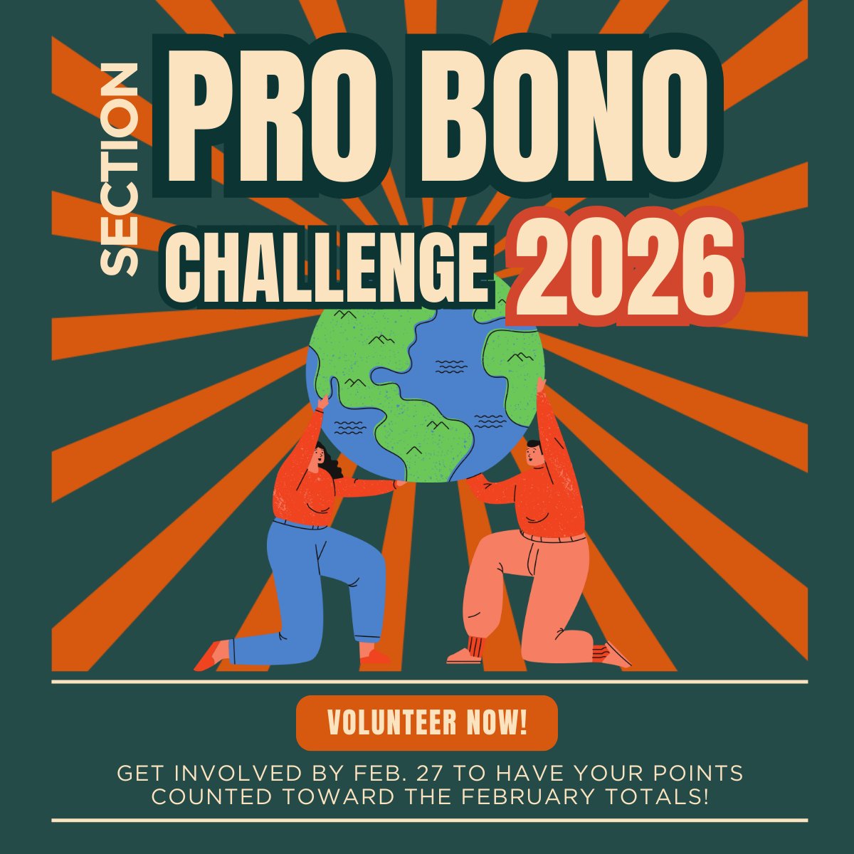 nevadabar's tweet photo. There are just a few days left to earn points for this month in the 2026 Pro Bono Challenge! Volunteer, sign up for an Ask-A-Lawyer event, or donate before Feb. 27 — every bit of service counts toward your section's February totals. https://t.co/zoqamENq0G https://t.co/lFhJL1Cr3v