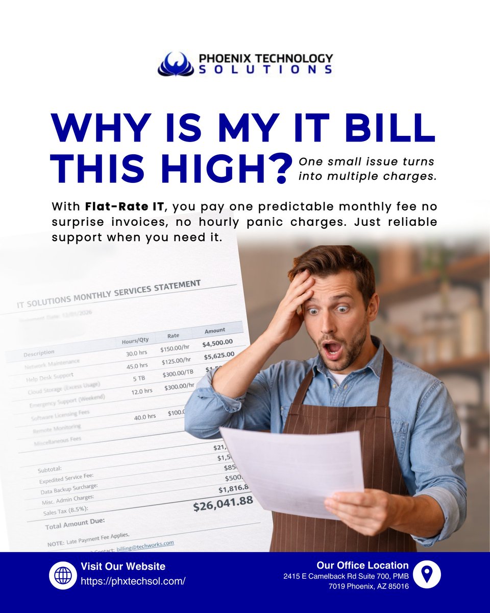 phxtechsol's tweet photo. Surprise IT bills shouldn’t be part of running a business. Switch to flat-rate support and know exactly what you’re paying — every single month. 💼💻

#phoenix #phoenixtechnologysolutions #phxtechsol #FlatRateIT #ManagedIT #NoSurpriseBills #BusinessTech #ITSupport #SmartBusiness https://t.co/T5UMsUwDVg