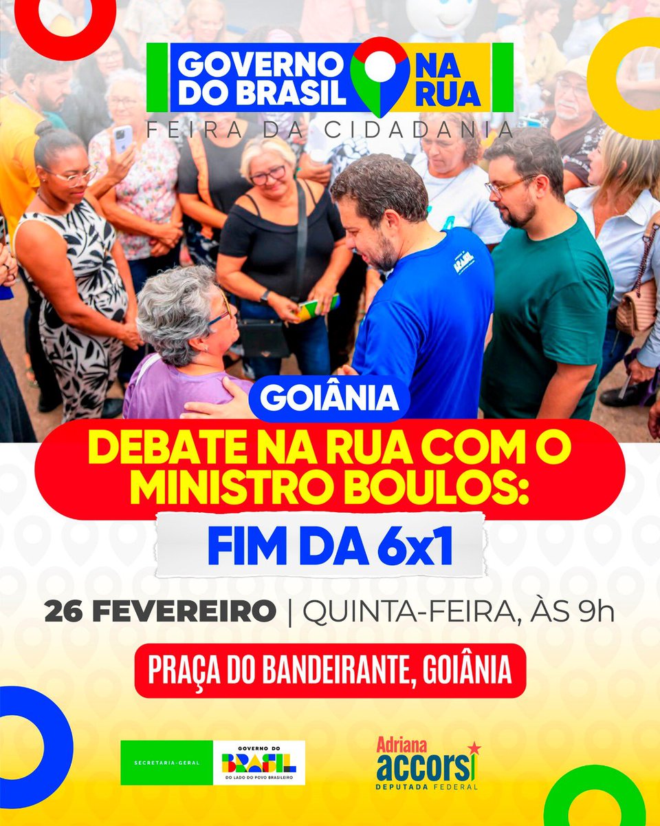 *MINISTRO BOULOS EM GOIÂNIA!*

O Ministro Guilherme Boulos estará em Goiânia para um debate aberto com a população sobre o fim da escala 6x1.

É a primeira atividade do dia do programa Governo do Brasil na Rua em Goiânia. O debate começa às 9h na Praça do Bandeirante, aberta a
