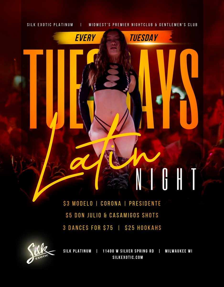 TONIGHT!
Latin Night!
Only at Silk Exotic Platinum!
🌶️🌶️🌶️

#SilkExotic #SilkPlatinum #LatinNight