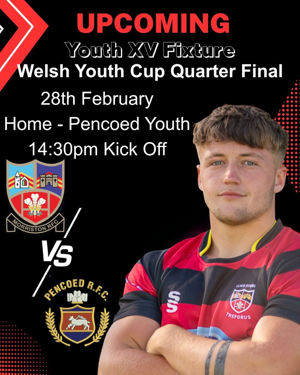 MorristonU's tweet photo. Welsh Youth Cup Quarter Final.
Home soil. Knockout rugby.
This is more than a game.
Players ready.
Coaches ready.
Are you? 🔴⚫
📍 Morriston RFC
🕝 2:30PM KO https://t.co/UxdLk3U24I
