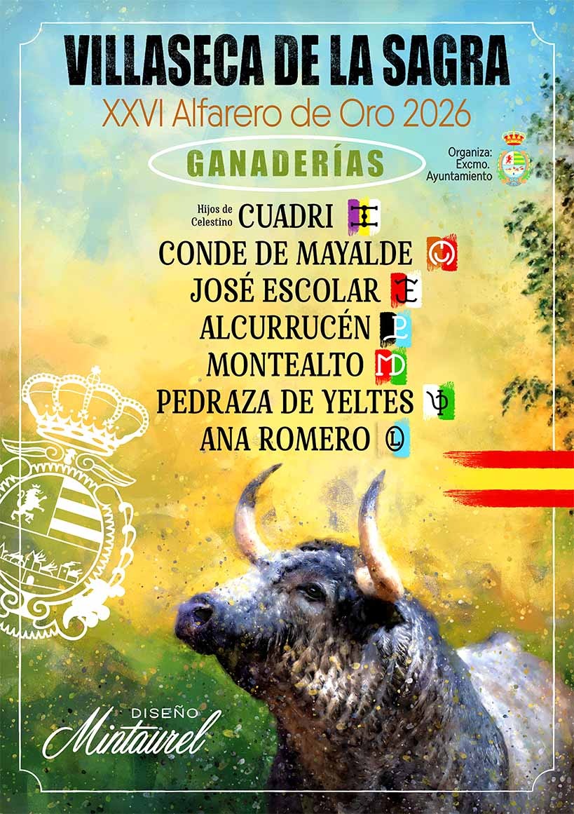 Villaseca de la Sagra presenta las ganaderías del XXVI Alfarero de Oro 2026: variedad de encastes y máxima exigencia en el ruedo

El Ayuntamiento de Villaseca de la Sagra hace oficial las ganaderías que compondrán el XXVI Alfarero de Oro 2026