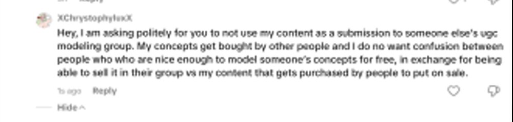 Unfortunately Important Announcement Regarding my Art: 

So, I would like to start this off by saying that I will never post my concepts under videos where people offer to model UGC based on concepts. 

I don't partake in that, as it's just not something I want to do. 

I would