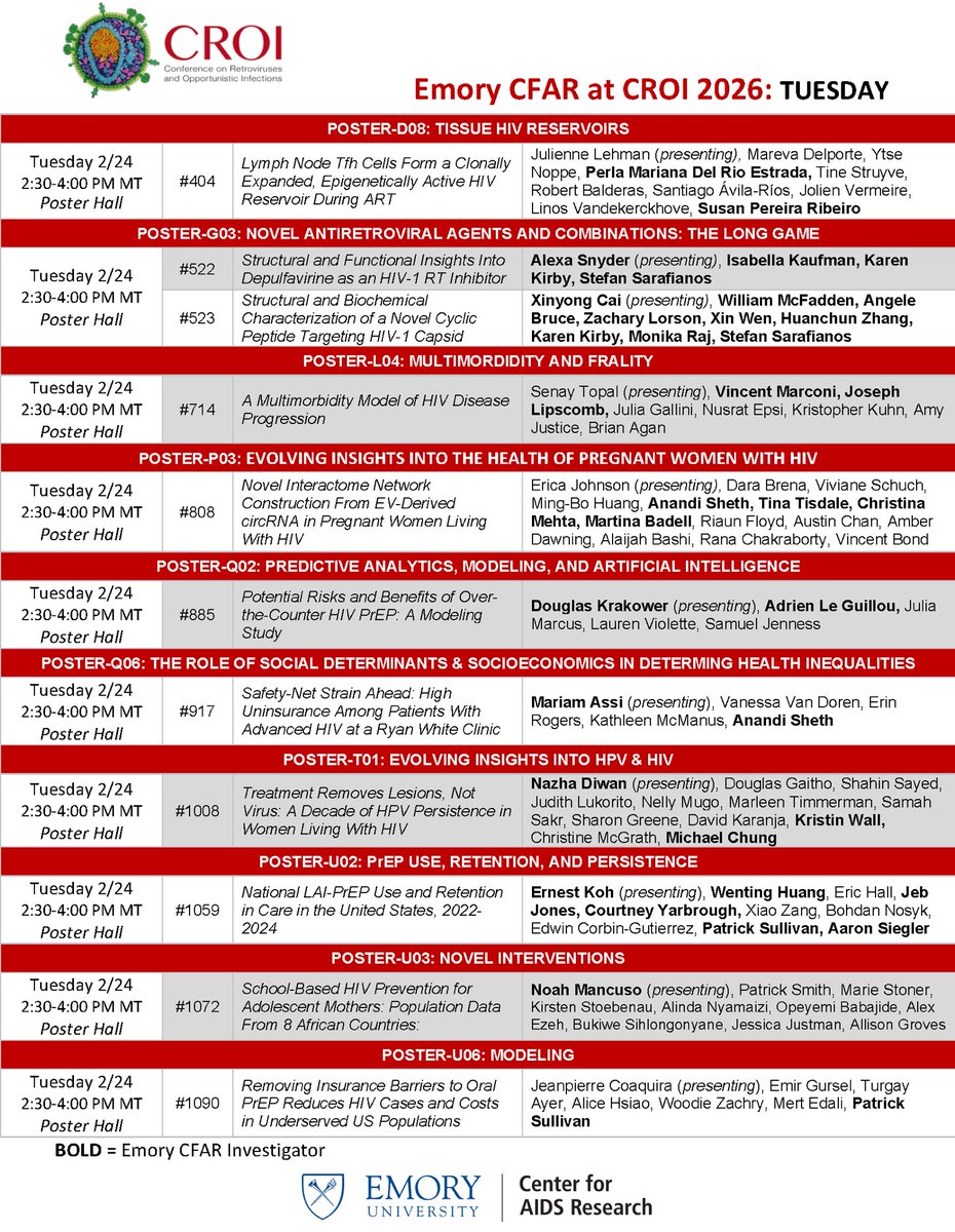Day 3 of #CROI2026 continues with 21 posters feat. <a href="/EmoryUniversity/">Emory University</a> faculty, trainees, &amp; staff. Congrats to today’s presenters -- incl. Jeff Tomalka (<a href="/PATRU_Emory/">PATRU@Emory</a>), Kim Workowski, <a href="/MariamAssiMD/">Mariam Assi, MD</a>, &amp; <a href="/n_mancuso1/">Noah Mancuso (he/him)</a>!