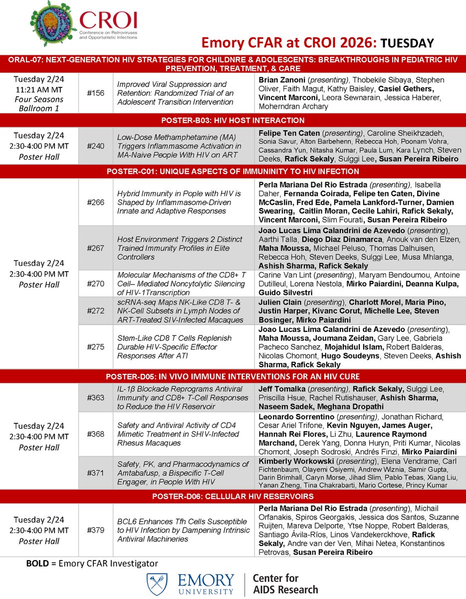 CarlosdelRio7's tweet photo. Day 3 of #CROI2026 continues with 21 posters feat. @EmoryUniversity faculty, trainees, &amp; staff. Congrats to today’s presenters -- incl. Jeff Tomalka (@PATRU_Emory), Kim Workowski, @MariamAssiMD, &amp; @n_mancuso1! https://t.co/3m0gIaM6G9