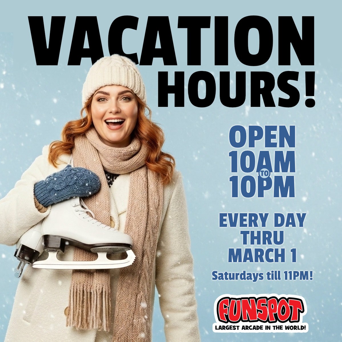 funspotnh's tweet image. ❄️ Take a break from the ice ❄️ and glide into vacation week FUN! ⛸️ 🎮 Open 10AM–10PM daily (Saturday till 11PM) now–Mar 1st! #FunspotNH #NHFun #SchoolVacation
