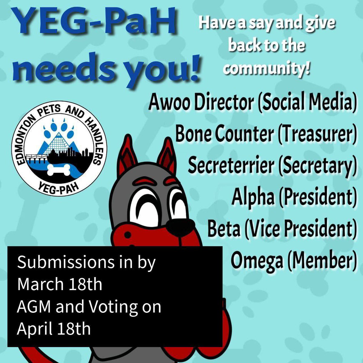 YEG_PAH's tweet photo. AWWWOOOOOOOOOO!!!!!!!!!!!
The Annual General Meeting and election date has been set for April 18th! Please consider running for a board position and help keep our community alive, by planning and coordinating fun things for us all do!

Details in the Howler https://t.co/Vu3UZmHpB2