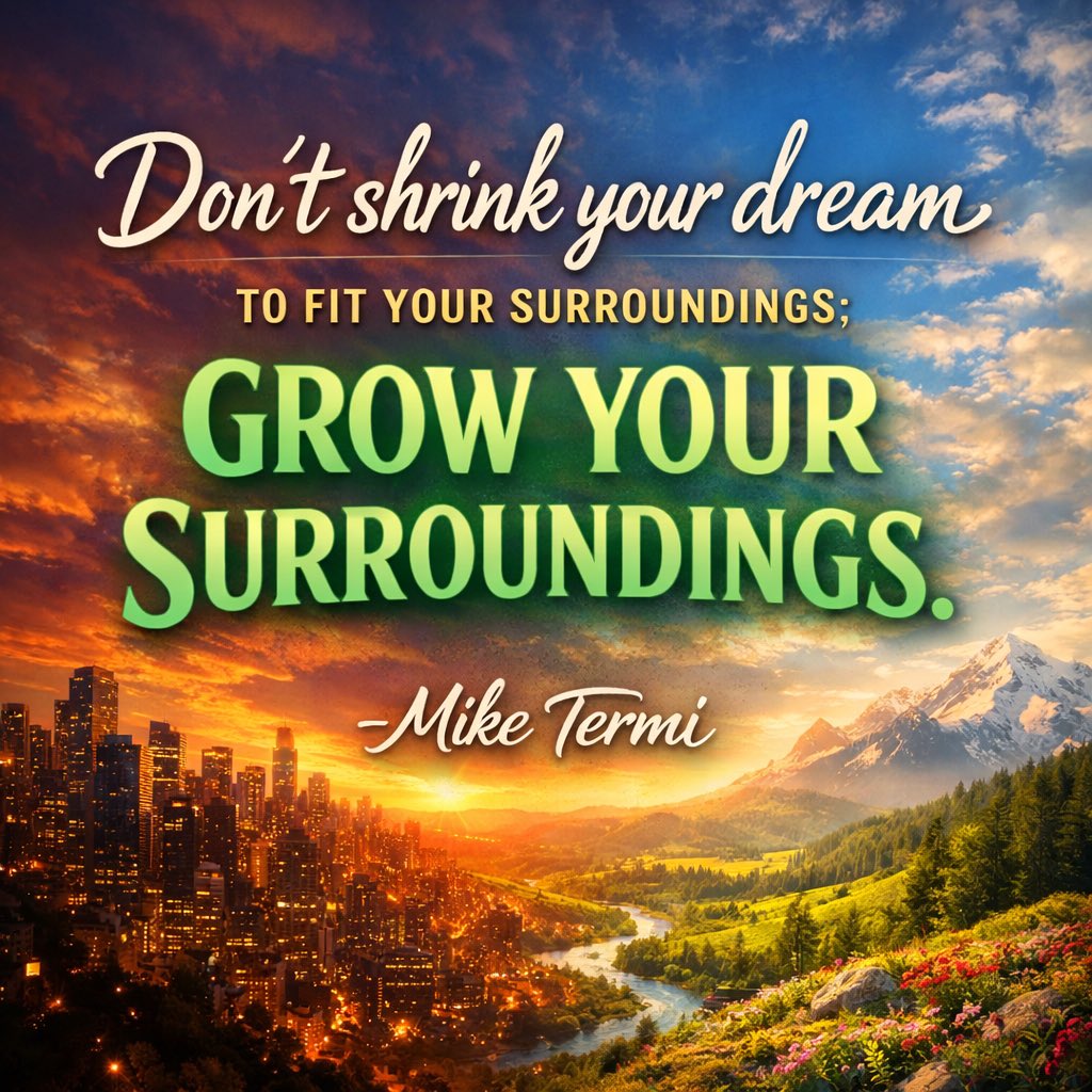 mike_termi213's tweet photo. Don’t shrink your dream  
to fit your surroundings.  

Grow your surroundings  
to fit your dream.

The world expands when you refuse to shrink.

What dream are you growing into right now? 👇

— Mike Termi

#Motivation #Mindset #GrowthMindset #DreamBig #InnerStrength #SoulForge https://t.co/vbZbHp4iTv