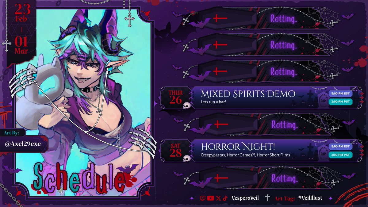 ───────〃♱

𝐓𝐡𝐮𝐫 | Playing Mixed Spirits Demo! Lets run a bar together 🍸

𝐒𝐚𝐭 | Horror Night! Lets read some spooky stories, play some spooky games and watch some spooky videos 👻

 ♱〃───────

Hope too see you there 🦇🩵