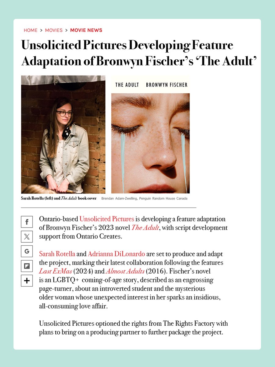 New project announcement! I am developing the movie adaptation of Bronwyn Fischer's debut novel THE ADULT, with Script Development support from Ontario Creates 🎞️   penguinrandomhouse.ca/books/705225/t…