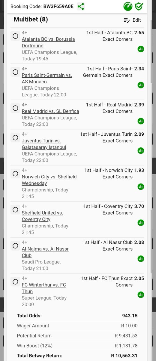 CornersCode's tweet photo. BW3F659A0E

Let’s repeat that 4+ Corners First Half magic tonight ⚽🔥
We did it before — time to BOOM again! 🚀 https://t.co/uyNoBvlAAp