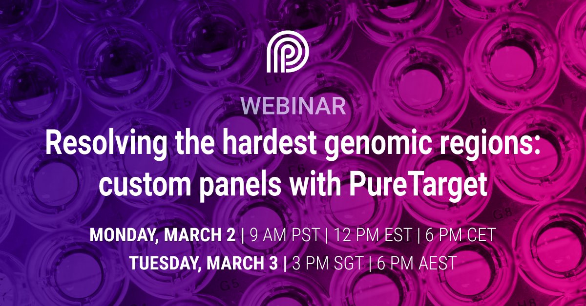 PacBio's tweet photo. ⏰ Last call for our webinar! Some genomic regions still challenge PCR and short reads.

See how labs use #PureTarget with PCR-free HiFi sequencing to build scalable custom panels and improve confidence across difficult regions.

Register now: https://t.co/9DxB6T3fLb

#PacBio https://t.co/09FlV7OVF7