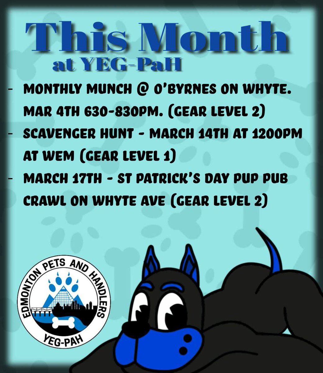 YEG_PAH's tweet photo. Are you all ready for a fun. Filled PAH March? Here’s our plans so far for the month. Can’t wait to see all the pets out for the events!!!!! 

Reminder that any ideas you have for events of if you think any community events could use a pet crash, feel free to let us know. https://t.co/Ic0dJPDtOM