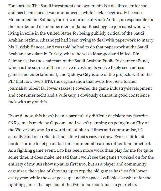 "Letting go of Evo"

I wrote about why I'm breaking my Evo attendance streak (every year since 2011; first Evo was 2003). It's sad, but I think this a good opportunity to celebrate the Evo moments that got me here before moving on.