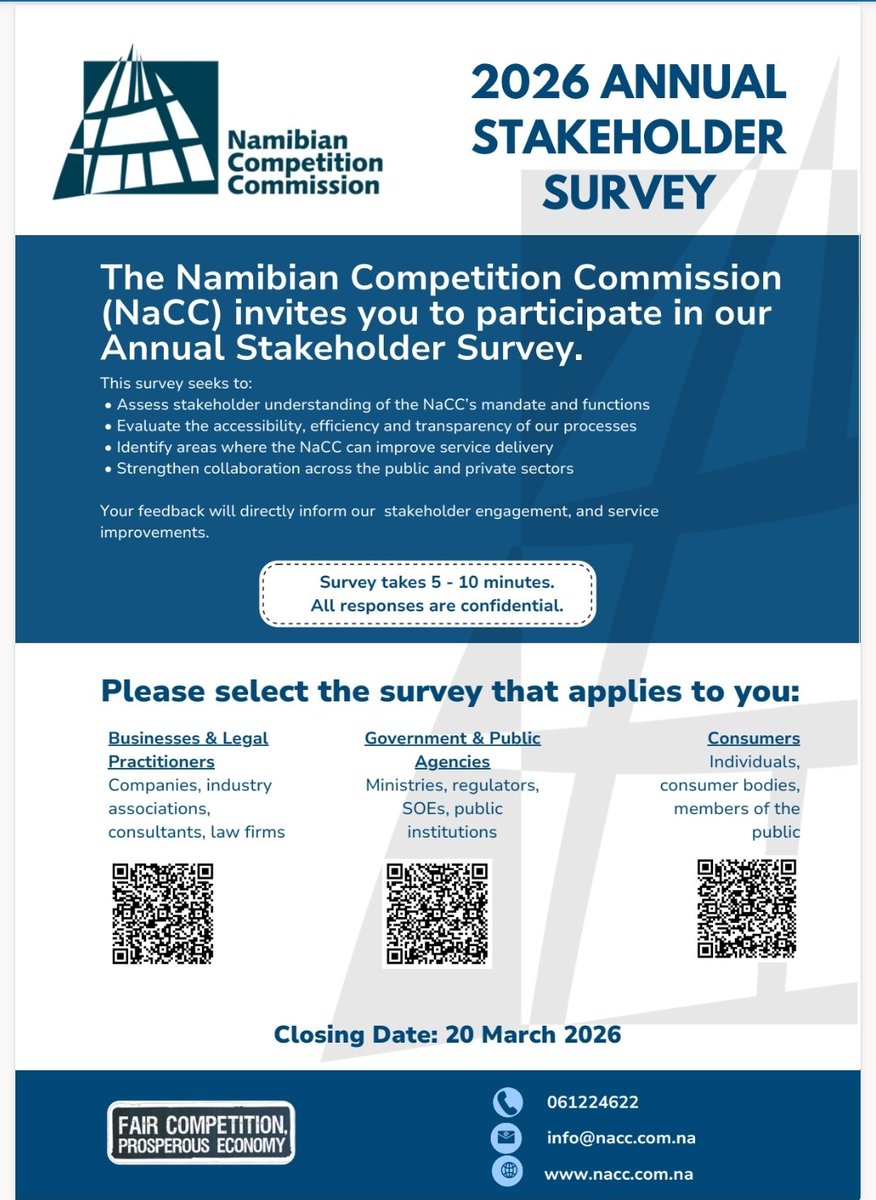 CompCo_Nam's tweet photo. Dear Stakeholders,
We humbly call on you to indulge us for 5-10 minutes to complete the Commission's annual stakeholder survey. This survey serves as an important tool in improving our service delivery as a sector regulator. We thank you in advance for your participation. https://t.co/ErF3sbYiJ8
