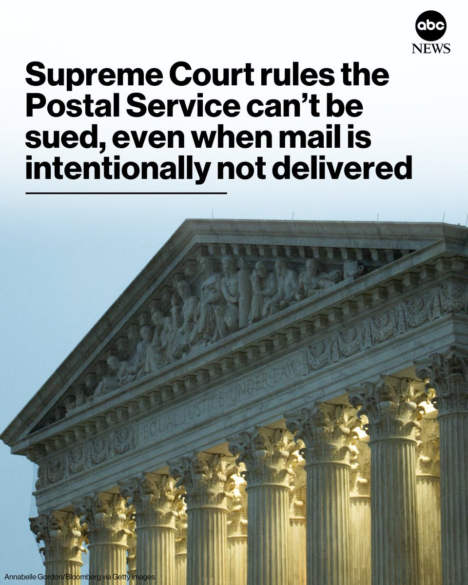 A divided Supreme Court on Tuesday ruled that Americans can't sue the U.S. Postal Service, even when employees deliberately refuse to deliver mail. abcnews.link/4elIUcw