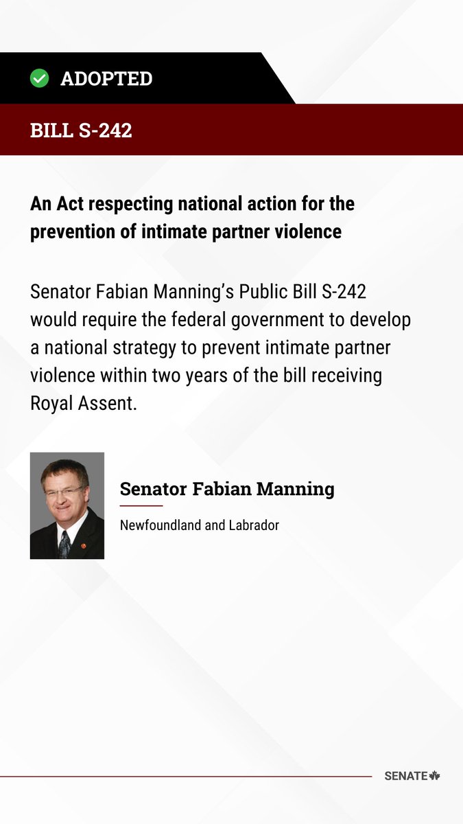 SenateCA's tweet photo. Senator Fabian Manning’s Bill #S242 has been adopted at third reading in the Senate: https://t.co/gvsK8MpYBy
#SenCA #CdnPoli https://t.co/vApiUSghek
