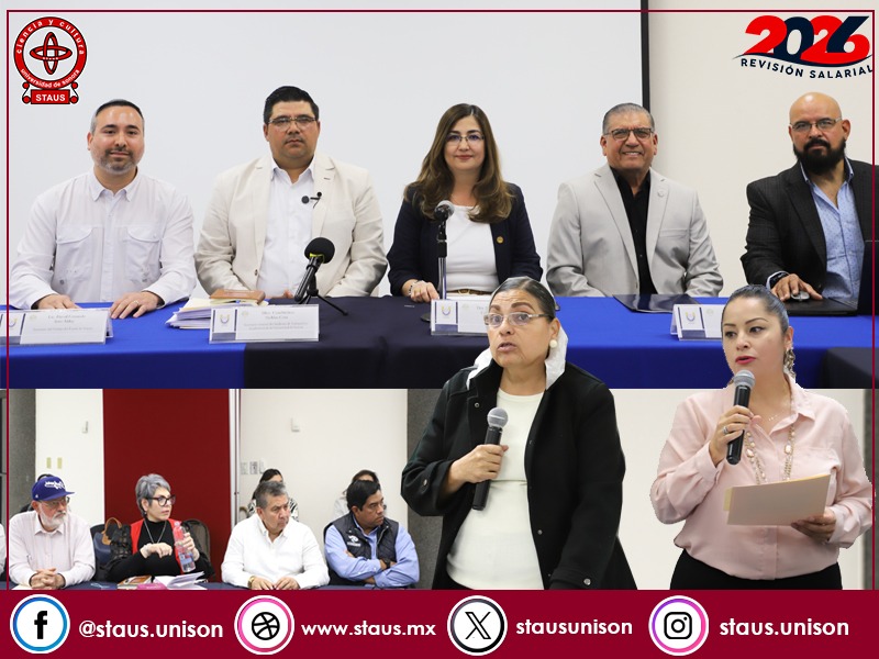 stausunison's tweet image. 🚨 Quedó instalada la Mesa de Negociación para la #RevisiónSalarial2026 entre el #STAUS y la Universidad de Sonora.

Con la presencia de autoridades estatales y universitarias, hoy se formalizó el proceso de diálogo. Ambas partes presentaron a los integrantes de la Comisión