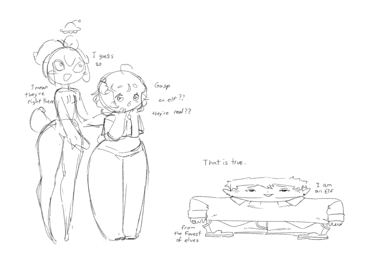 I drew this wide elf and laughed so much and then drew Chelsi and Jiggle (a beast girl and an alien) being casually shocked over a fantasy creatue and it only continued my giggles <3 thank you