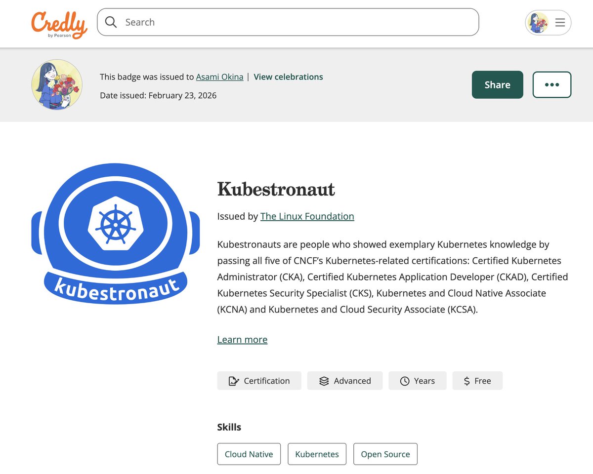 asami_okina's tweet photo. 🎉 Kubestronaut になりました！  
CKA・CKAD・CKS・KCNA・KCSAの5つのKubernetes認定を取得し、念願のKubestronaut認定を達成できました！嬉しい🥹
#Kubestronaut #Kubernetes #CNCF #クラウドネイティブ https://t.co/OEpQQS2f7W