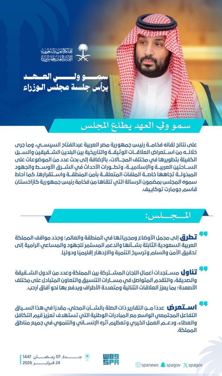 سمو #ولي_العهد يرأس جلسة #مجلس_الوزراء.
#واس