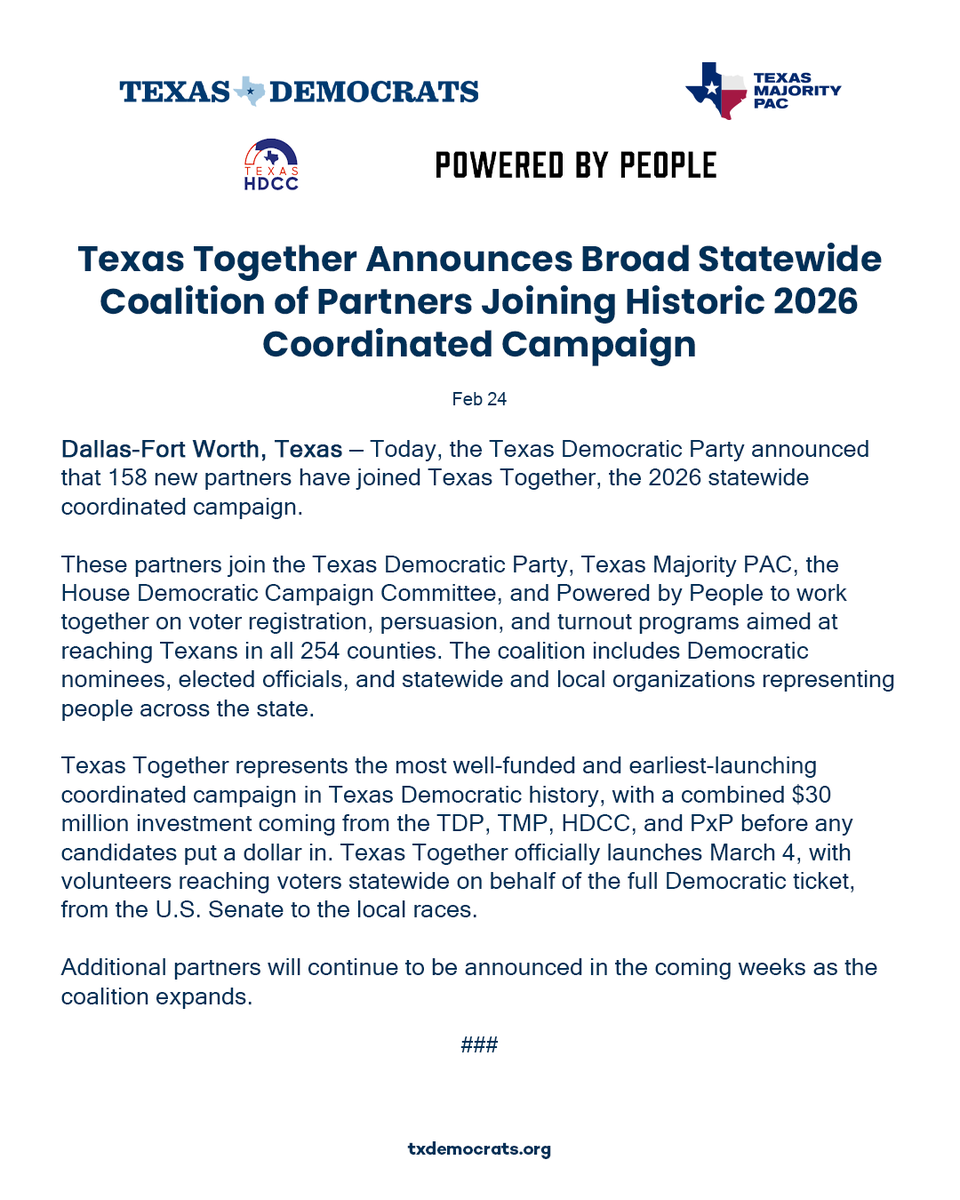 texasdemocrats's tweet photo. 158 new partners.
$30 million invested.
All 254 counties.
Texas Together is the largest coordinated campaign in Texas Democratic history — and we’re just getting started. 🔥 Press Release below
#TexasTogether https://t.co/zqc9lU0JpZ