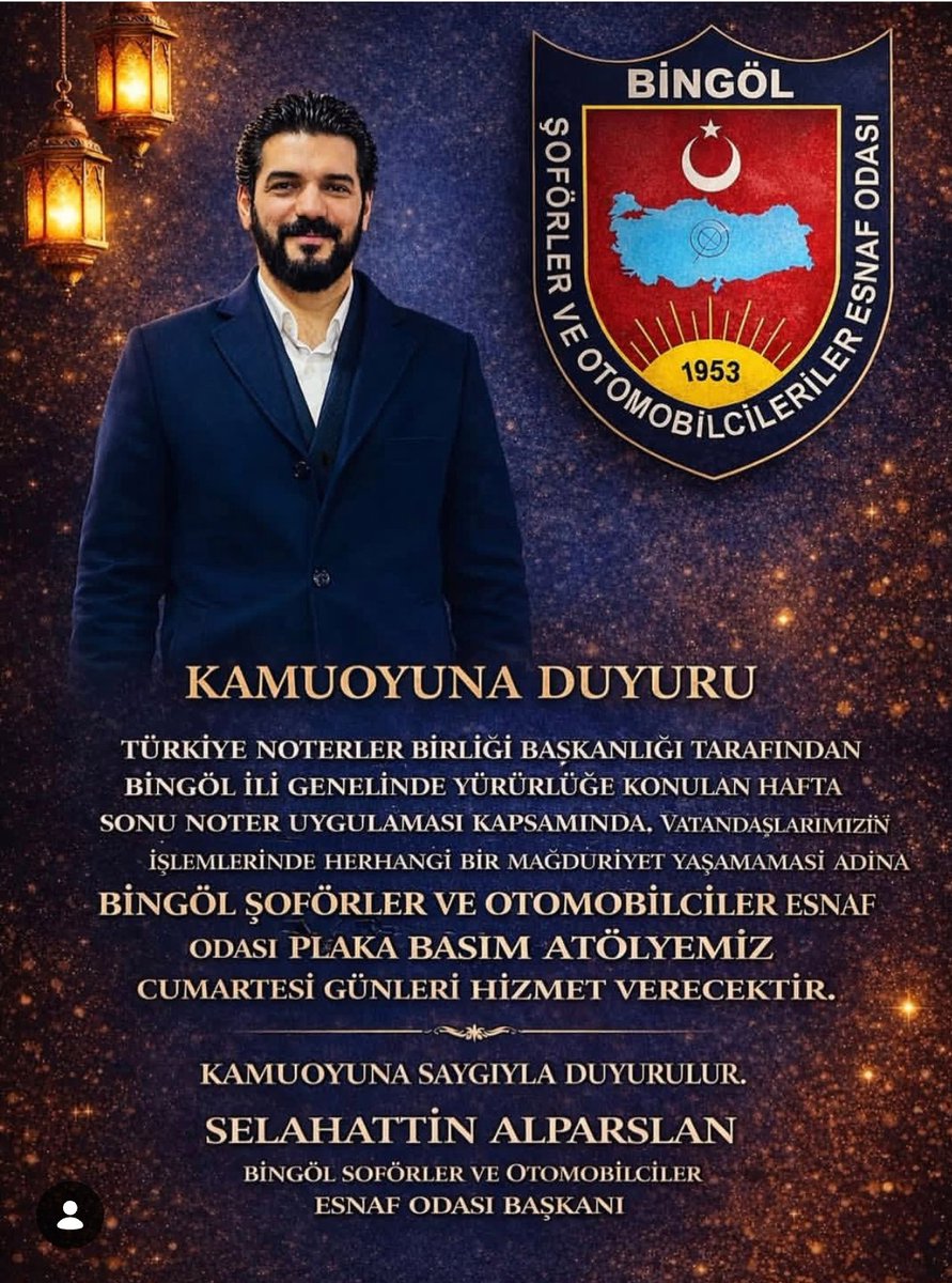 Bingöl’de Hafta Sonu Noter Uygulamasına Destek: Plaka Basım Atölyesi Cumartesi Açık
#bingölxhaber

Bingöl Şoförler ve Otomobilciler Esnaf Odası, hafta sonu noter uygulaması kapsamında vatandaşların mağduriyet yaşamaması için önemli bir karar aldı.
Türkiye Noterler Birliği
