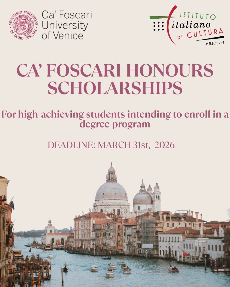 iicmelb's tweet photo. The IIC Melbourne is please to share that the call for application for the new Ca’ Foscari Honours Scholarships offered by the Ca’ Foscari University of Venice is now open.

Learn more: https://t.co/Fy30l8EWLl https://t.co/A6u3mxfTgM