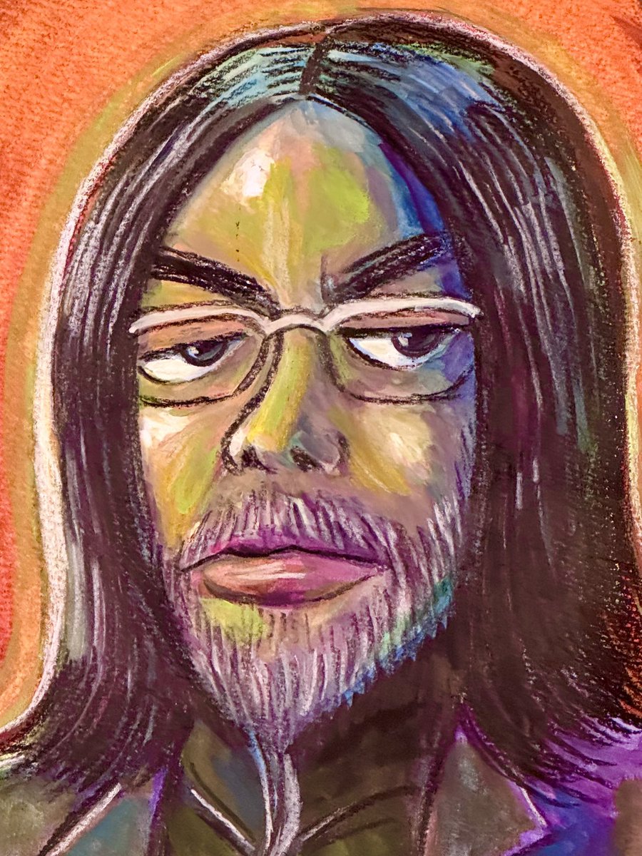 おはようございます☁️ 「自画像」 （ダーマトグラフ、顔彩、不透明