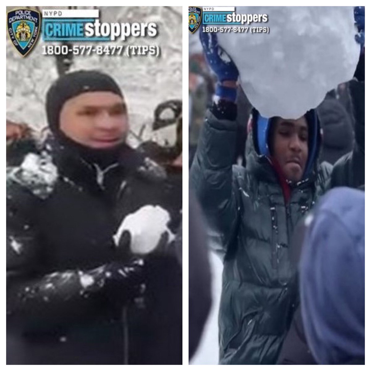 NEW: NYPD asking the public to help identify these two men who threw huge pieces of snow and ice at NYPD officers – causing head, neck, and face injuries. <a href="/FoxNews/">Fox News</a> <a href="/NYPDnews/">NYPD NEWS</a>
