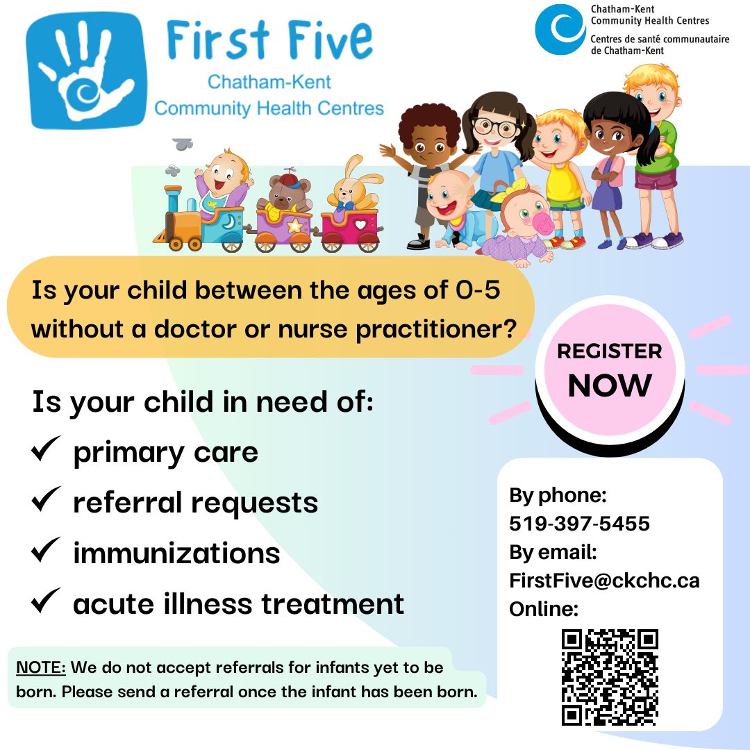 yourtvck's tweet photo. Do you have a child ages 0-5 that does not have a family doctor or nurse practitioner? The First Five Team can help! Register today at 519-397-5455 or FirstFive@ckchc.ca
#YourTVCK #TrulyLocal #CKont @CKCHC #FirstFive https://t.co/LKnKlr32J0