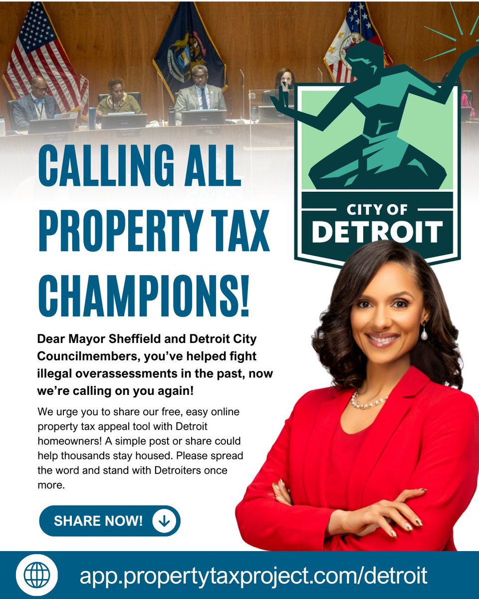 📣 Calling All Property Tax Champions

You’ve helped fight illegal overassessments before — now we’re calling on you again.

We’re asking Mary Sheffield and the Detroit City Council to help spread the word about our FREE, easy online property tax appeal tool so Detroit homeowners