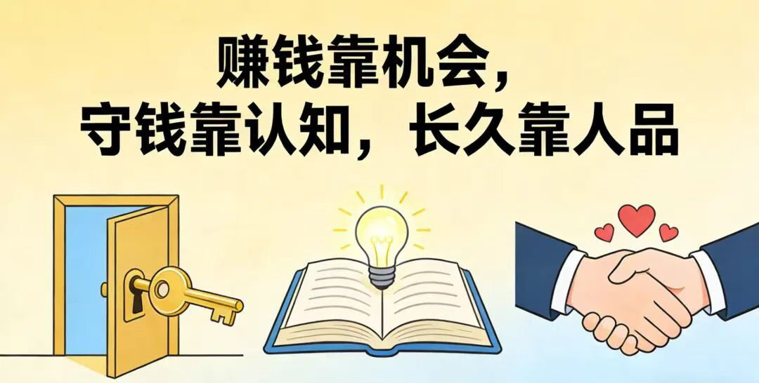 人生三阶段：赚钱、守钱、长久赚钱。

第一阶段，赚钱靠机会。风口来了，趋势到了，敢冲敢干就能分到一杯羹。

第二阶段，守钱靠认知。很多人靠运气赚来的钱，最后凭实力亏掉，就是认知跟不上财富。

第三阶段，长久靠人品。商业走到最后，拼的不是技巧，不是套路，而是人品。