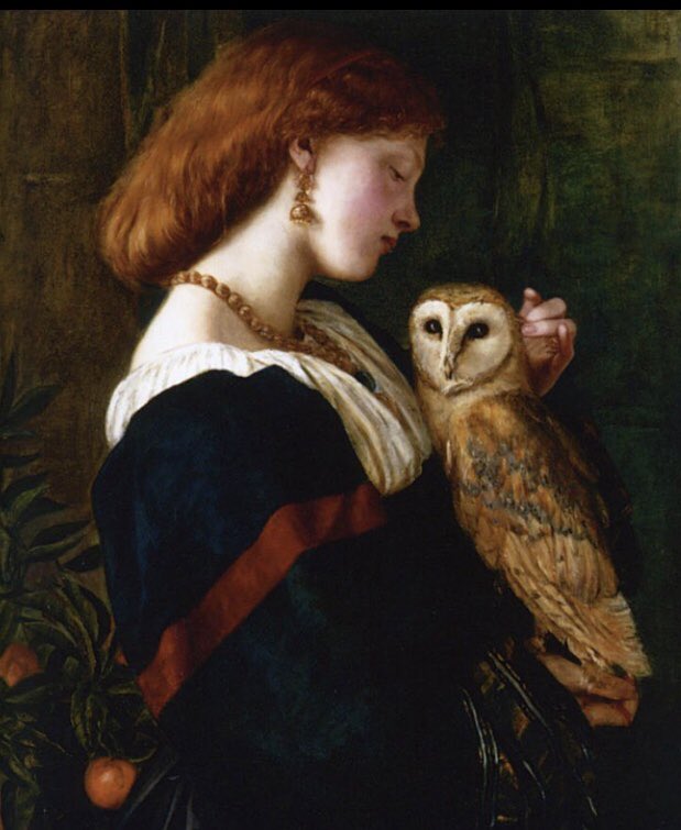 A barn owl is known as a Death Owl &amp; is often a guide of souls after death. This 1863 painting features another symbol of the Underworld, a pomegranate tree, &amp; was probably created in memory of Lizzie Siddal, who had died the previous year. #FairyTaleTuesday #LegendaryWednesday