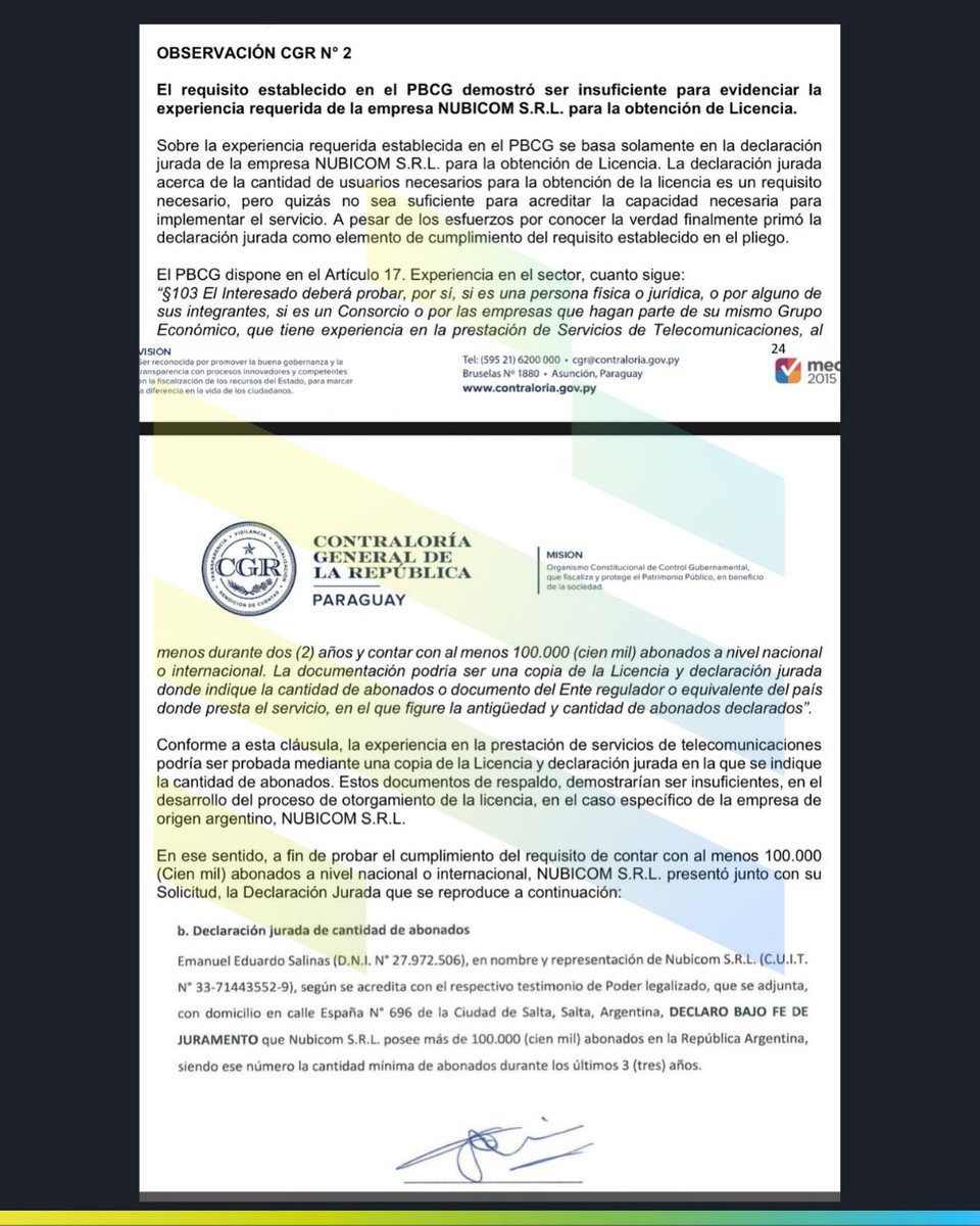 nanduti's tweet photo. Contraloría confirma irregularidades en adjudicación de la red 5G ⚠️

🧐 Un informe de la Contraloría General de la República (CGR) concluyó que la Comisión Nacional de Telecomunicaciones (Conatel) adjudicó la licencia 5G a la firma Nubicom sin verificar que cumpliera con los requisitos del Pliego de Bases y Condiciones.

📑 Según el documento, no se pudo comprobar que la empresa contara con los 100.000 abonados exigidos ni con el patrimonio mínimo de US$ 10 millones, y aun así la licencia fue otorgada.

#Ñanduti