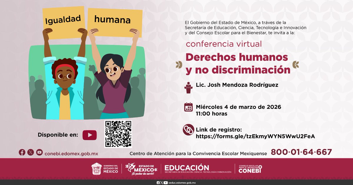 El #CONEBI te invita a la conferencia “Derechos humanos y no discriminación”, que busca promover el derecho de cada persona a una vida plena y con dignidad.
🗓️ 4 de marzo | 11:00 horas
🎥 youtube.com/@CONEBI_Comuni…
✍🏻 forms.gle/tzEkmyWYN5WwU2…
#ElPoderDeLaEducación

<a href="/SeducEdoMex/">Educación, Ciencia, Tecnología e Innovación</a>
